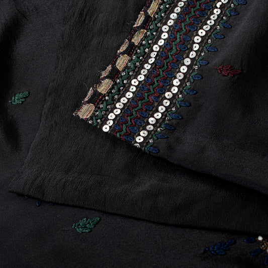 Sanskriti Vintage Black Pure Silk Saree Hand Beaded Embroidered Sari 5+YD Fabric