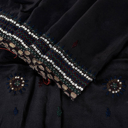Sanskriti Vintage Black Pure Silk Saree Hand Beaded Embroidered Sari 5+YD Fabric