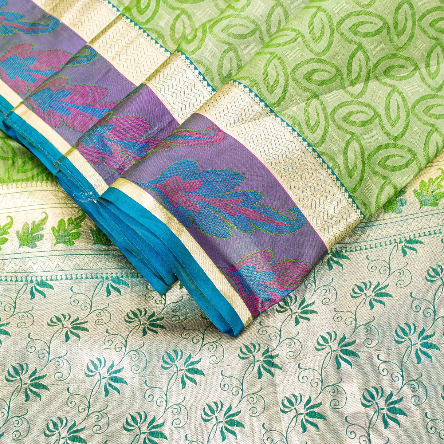 Sanskriti Vintage Green-Silver Pure Silk Saree Hand Woven Brocade 5.5+YD Fabric