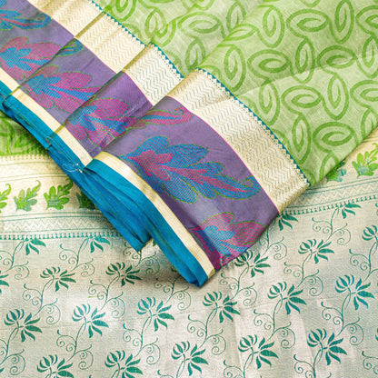 Sanskriti Vintage Green-Silver Pure Silk Saree Hand Woven Brocade 5.5+YD Fabric