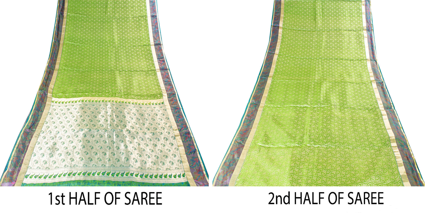 Sanskriti Vintage Green-Silver Pure Silk Saree Hand Woven Brocade 5.5+YD Fabric
