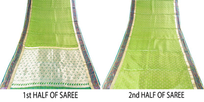 Sanskriti Vintage Green-Silver Pure Silk Saree Hand Woven Brocade 5.5+YD Fabric