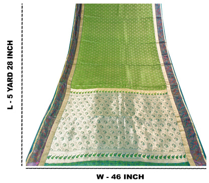 Sanskriti Vintage Green-Silver Pure Silk Saree Hand Woven Brocade 5.5+YD Fabric