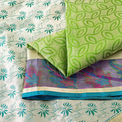Sanskriti Vintage Green-Silver Pure Silk Saree Hand Woven Brocade 5.5+YD Fabric