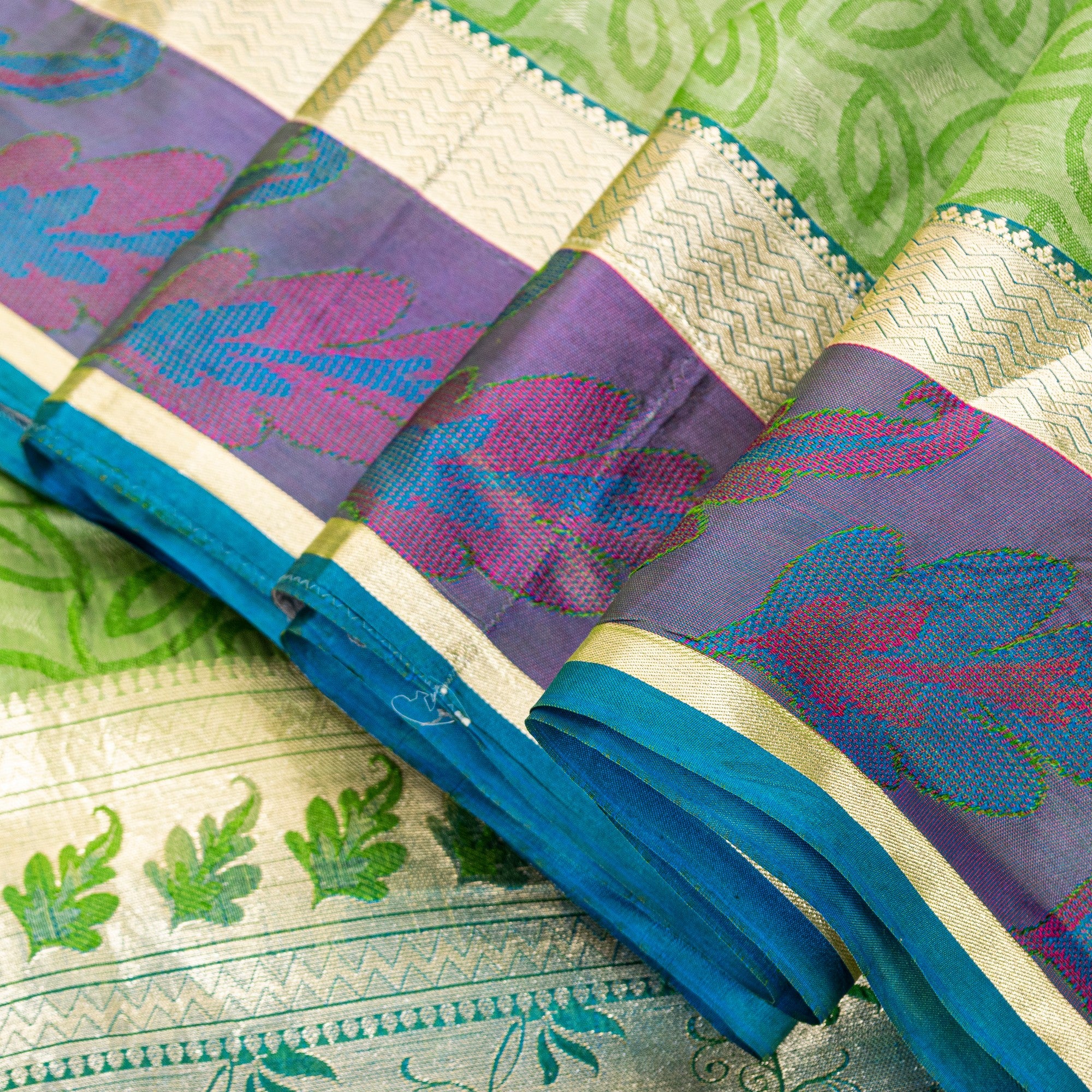 Sanskriti Vintage Green-Silver Pure Silk Saree Hand Woven Brocade 5.5+YD Fabric