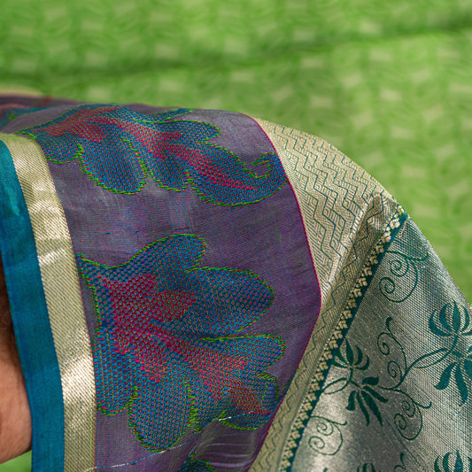 Sanskriti Vintage Green-Silver Pure Silk Saree Hand Woven Brocade 5.5+YD Fabric