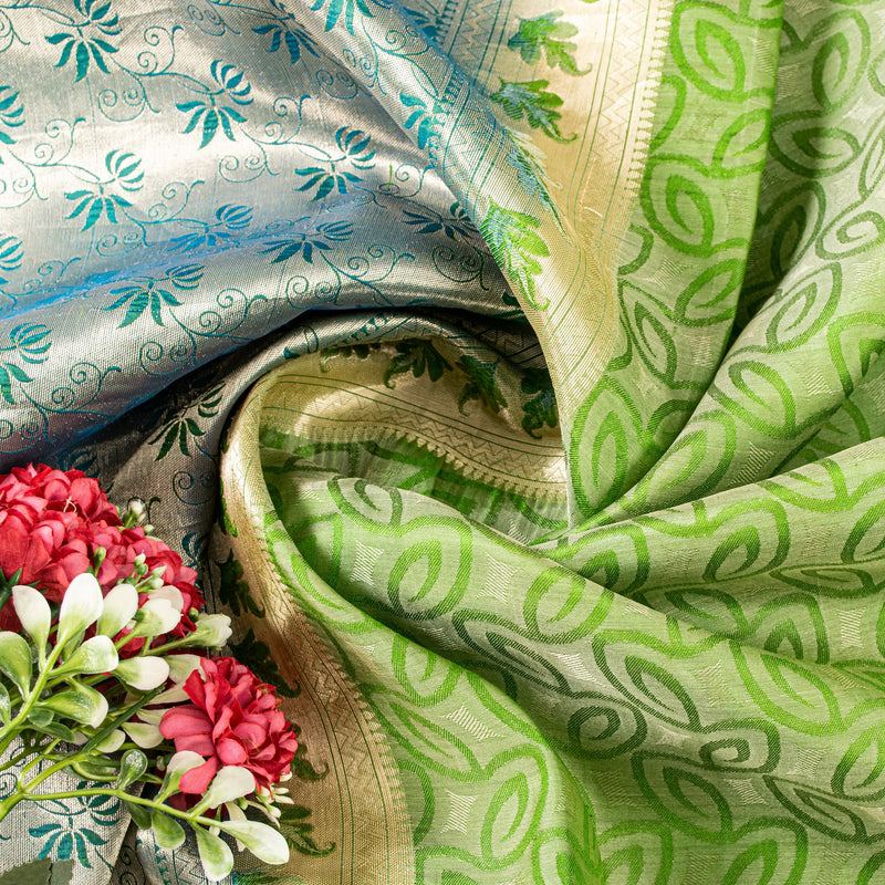 Sanskriti Vintage Green-Silver Pure Silk Saree Hand Woven Brocade 5.5+YD Fabric