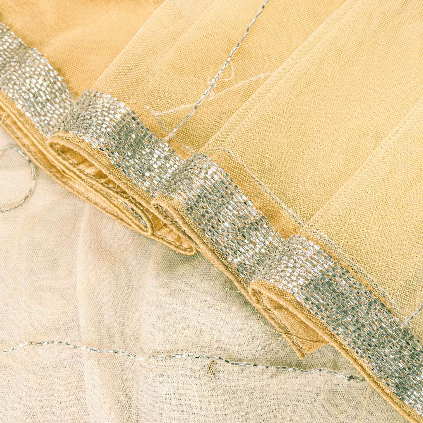 Sanskriti Vintage Yellow Net Mesh Saree Hand Glass Bead 6+YD Fabric Wedding Sari