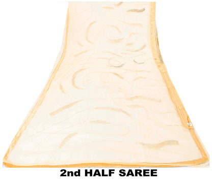 Sanskriti Vintage Yellow Net Mesh Saree Hand Glass Bead 6+YD Fabric Wedding Sari