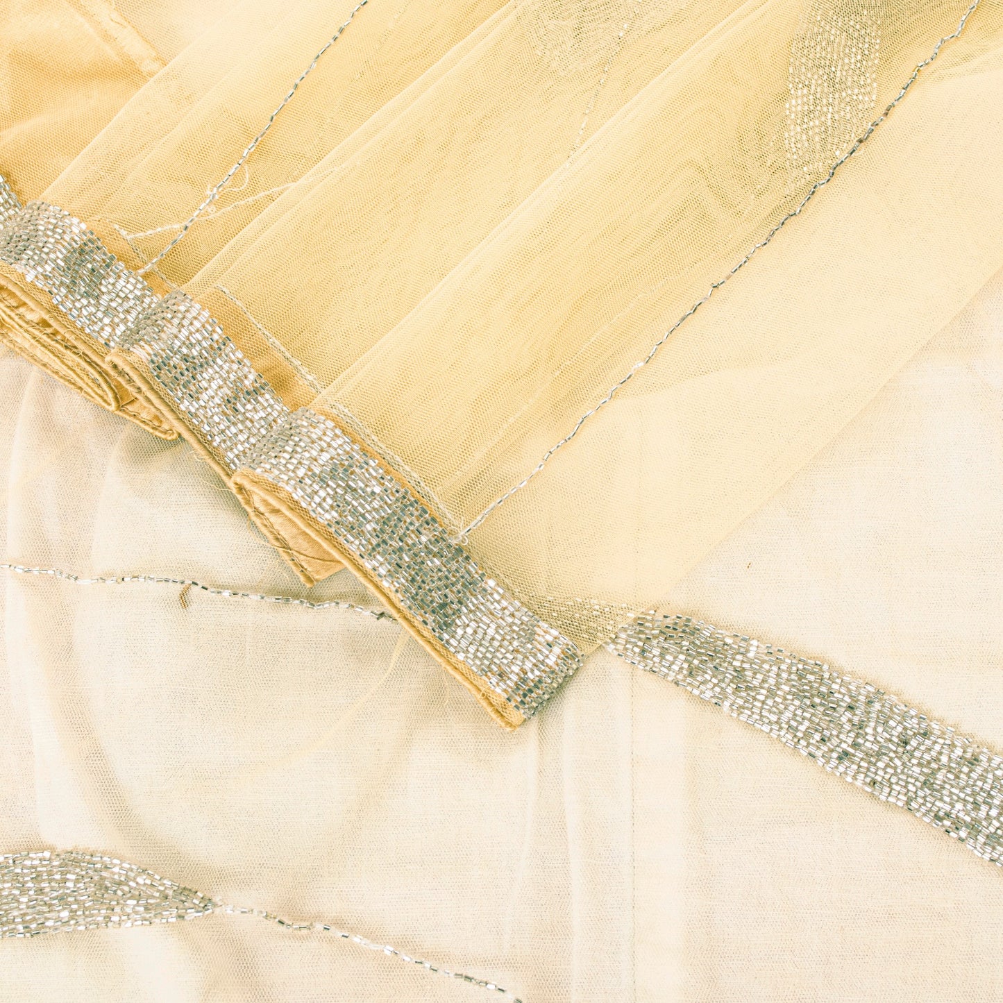 Sanskriti Vintage Yellow Net Mesh Saree Hand Glass Bead 6+YD Fabric Wedding Sari