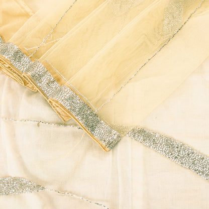 Sanskriti Vintage Yellow Net Mesh Saree Hand Glass Bead 6+YD Fabric Wedding Sari
