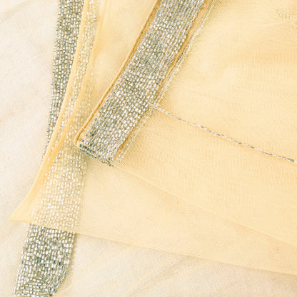 Sanskriti Vintage Yellow Net Mesh Saree Hand Glass Bead 6+YD Fabric Wedding Sari