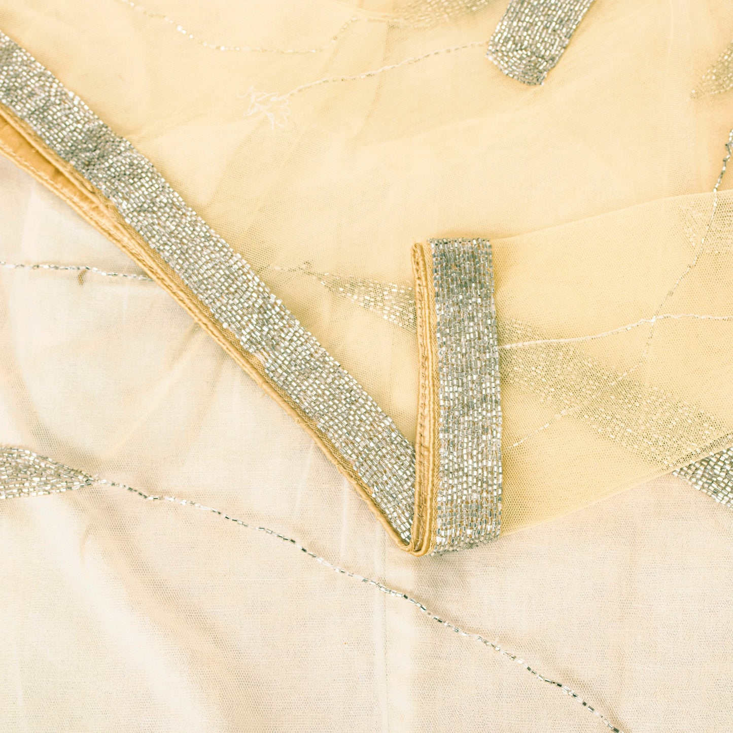 Sanskriti Vintage Yellow Net Mesh Saree Hand Glass Bead 6+YD Fabric Wedding Sari