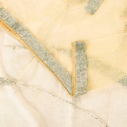 Sanskriti Vintage Yellow Net Mesh Saree Hand Glass Bead 6+YD Fabric Wedding Sari