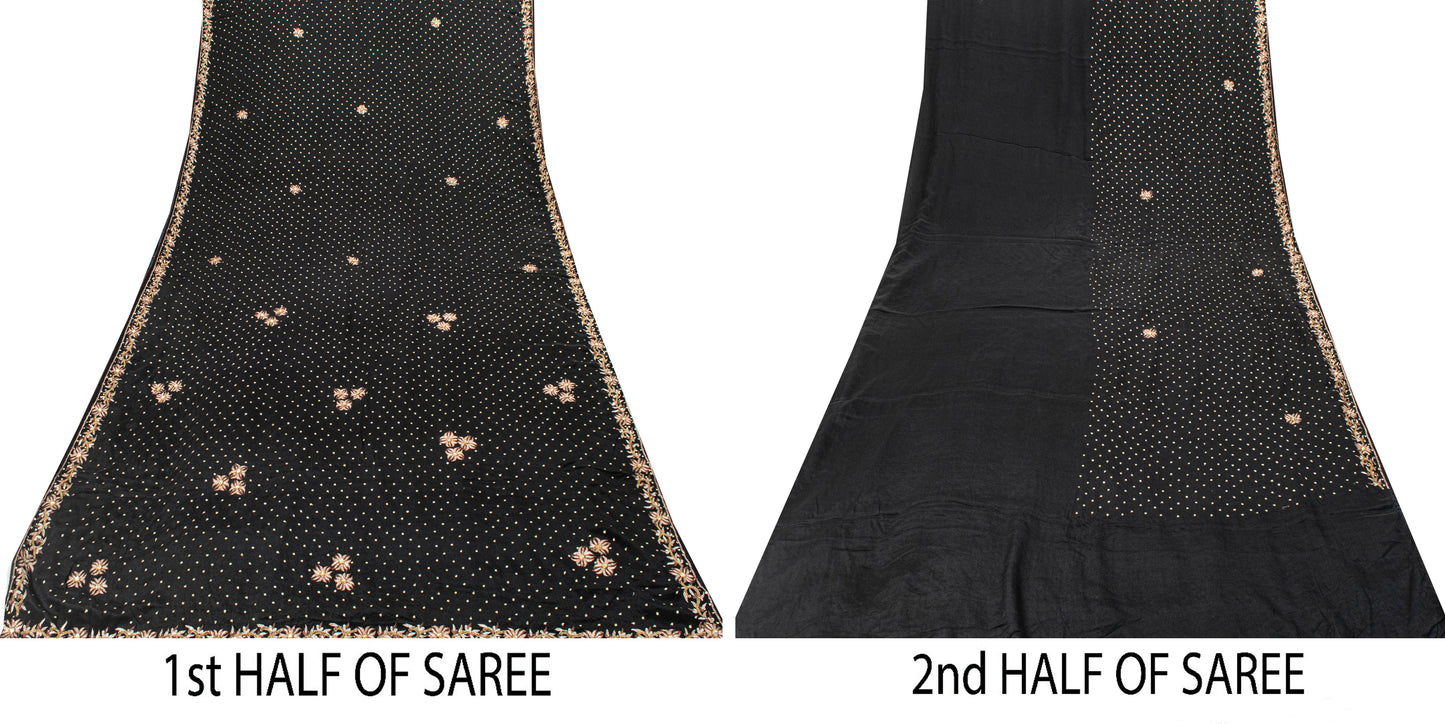 Sanskriti Vintage Black Soft Crepe Silk Saree Hand Embroidered Zari Sari 5 Yard