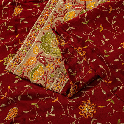 Sanskriti Vintage Red Pure Silk Saree Embroidered Floral Sari 6+Yd Craft Fabric