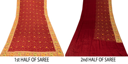 Sanskriti Vintage Red Pure Silk Saree Embroidered Floral Sari 6+Yd Craft Fabric