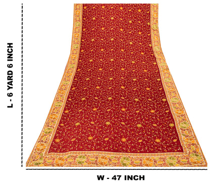 Sanskriti Vintage Red Pure Silk Saree Embroidered Floral Sari 6+Yd Craft Fabric