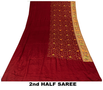 Sanskriti Vintage Red Pure Silk Saree Embroidered Floral Sari 6+Yd Craft Fabric
