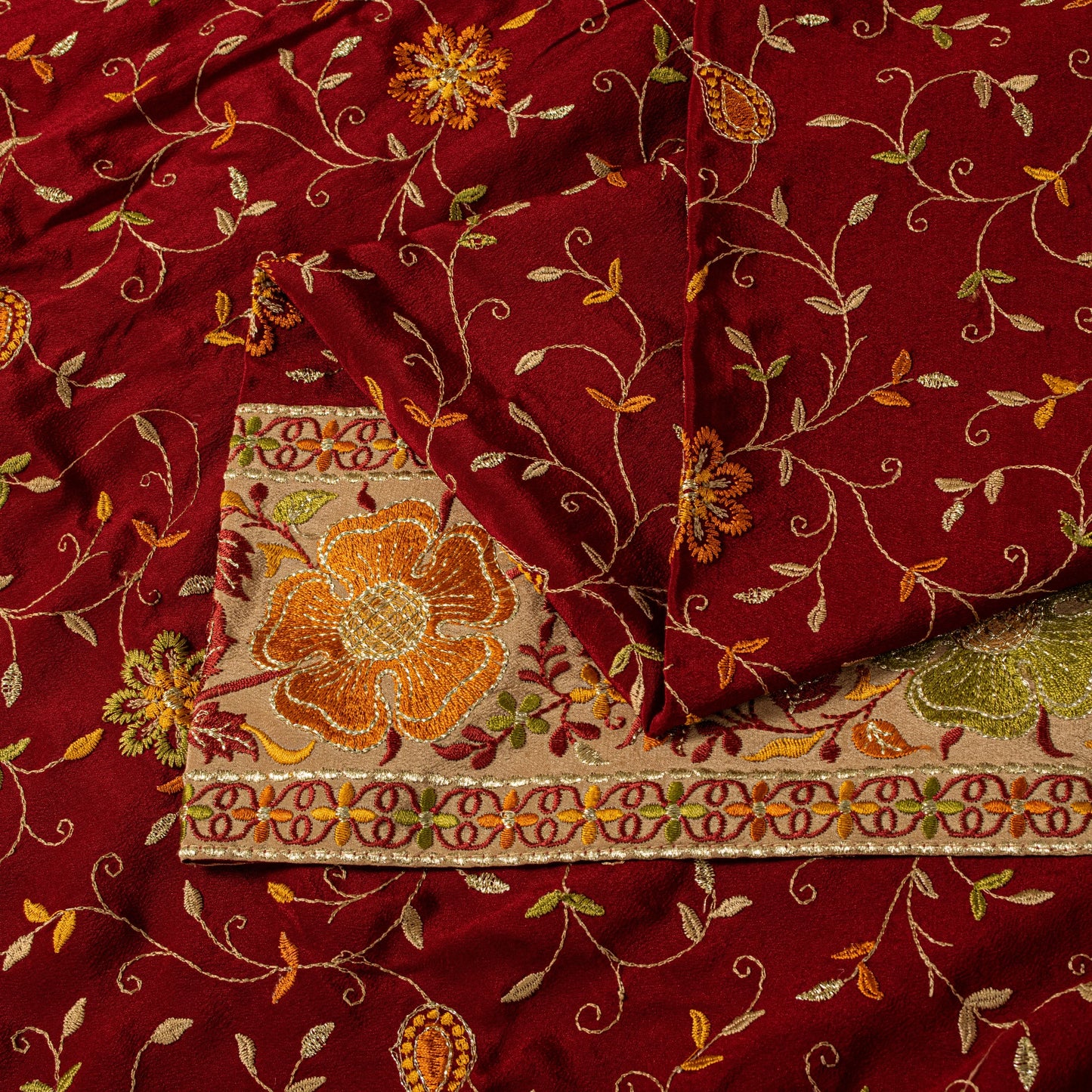 Sanskriti Vintage Red Pure Silk Saree Embroidered Floral Sari 6+Yd Craft Fabric