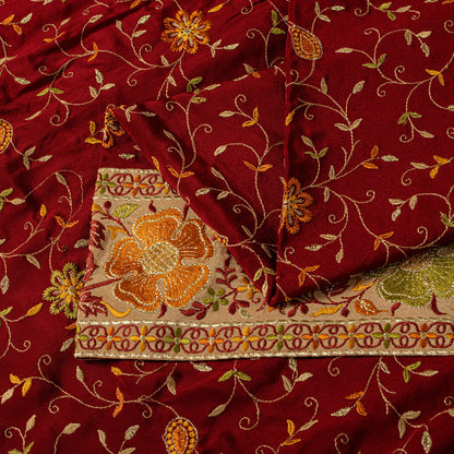 Sanskriti Vintage Red Pure Silk Saree Embroidered Floral Sari 6+Yd Craft Fabric