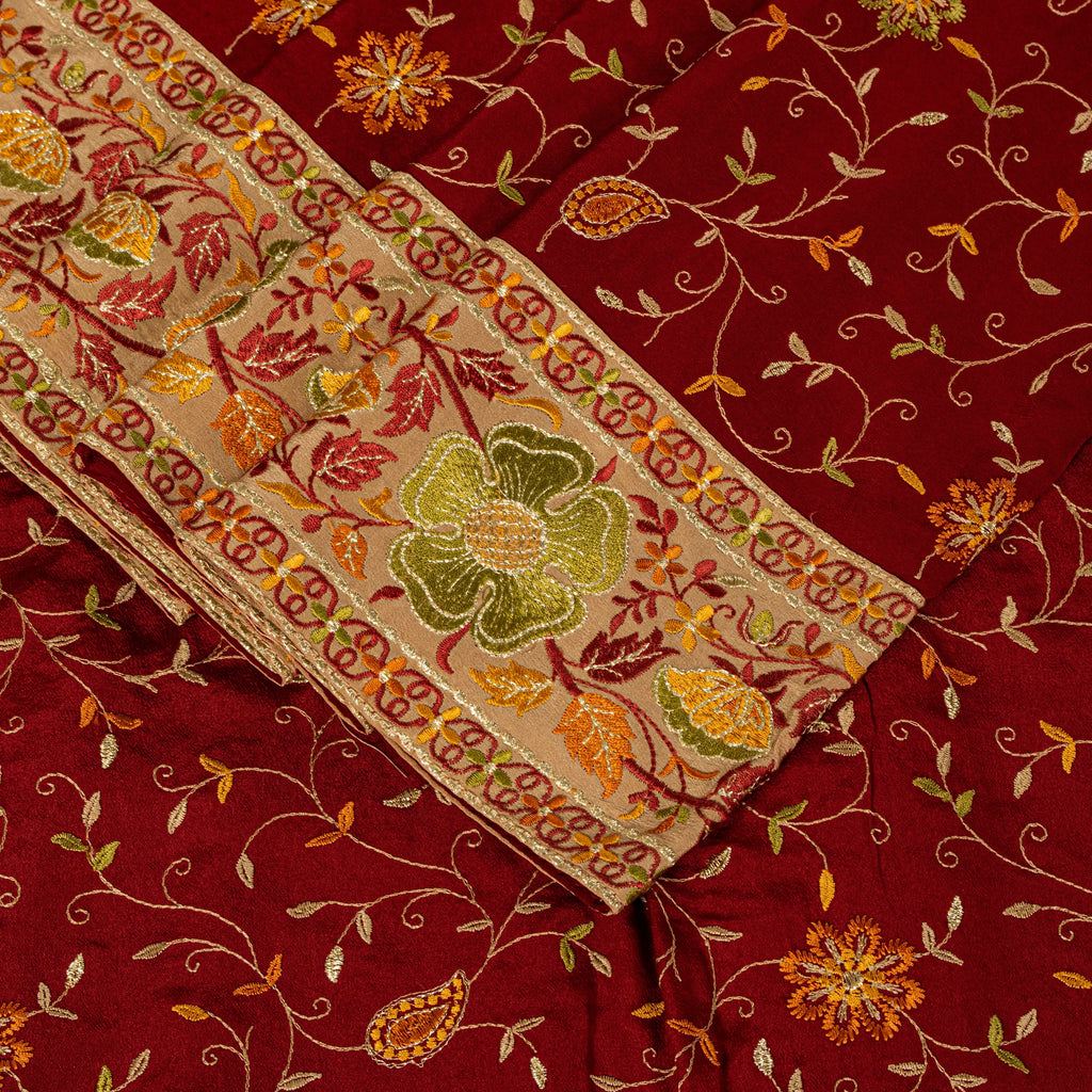 Sanskriti Vintage Red Pure Silk Saree Embroidered Floral Sari 6+Yd Craft Fabric