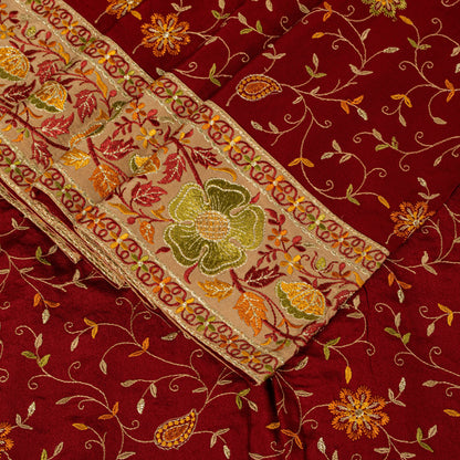 Sanskriti Vintage Red Pure Silk Saree Embroidered Floral Sari 6+Yd Craft Fabric