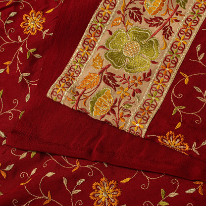 Sanskriti Vintage Red Pure Silk Saree Embroidered Floral Sari 6+Yd Craft Fabric