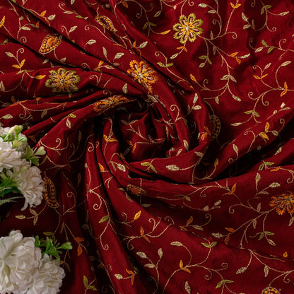 Sanskriti Vintage Red Pure Silk Saree Embroidered Floral Sari 6+Yd Craft Fabric