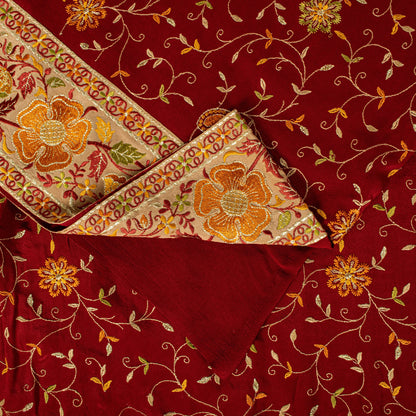 Sanskriti Vintage Red Pure Silk Saree Embroidered Floral Sari 6+Yd Craft Fabric
