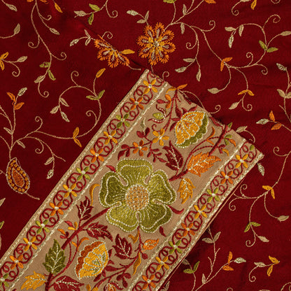 Sanskriti Vintage Red Pure Silk Saree Embroidered Floral Sari 6+Yd Craft Fabric