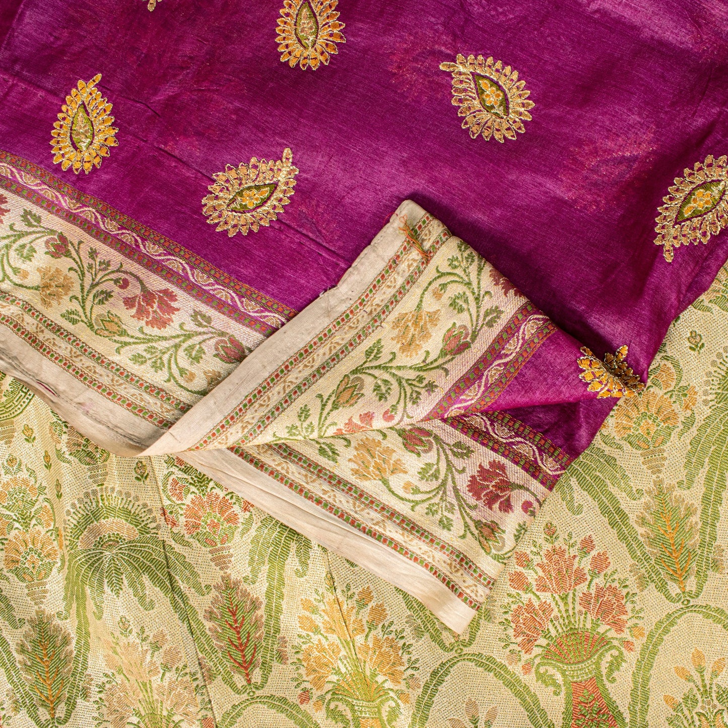 Sanskriti Vintage Pure Silk Purple Saree Brocade Hand Woven Sari 5.5Craft Fabric
