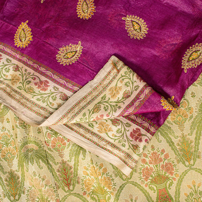 Sanskriti Vintage Pure Silk Purple Saree Brocade Hand Woven Sari 5.5Craft Fabric