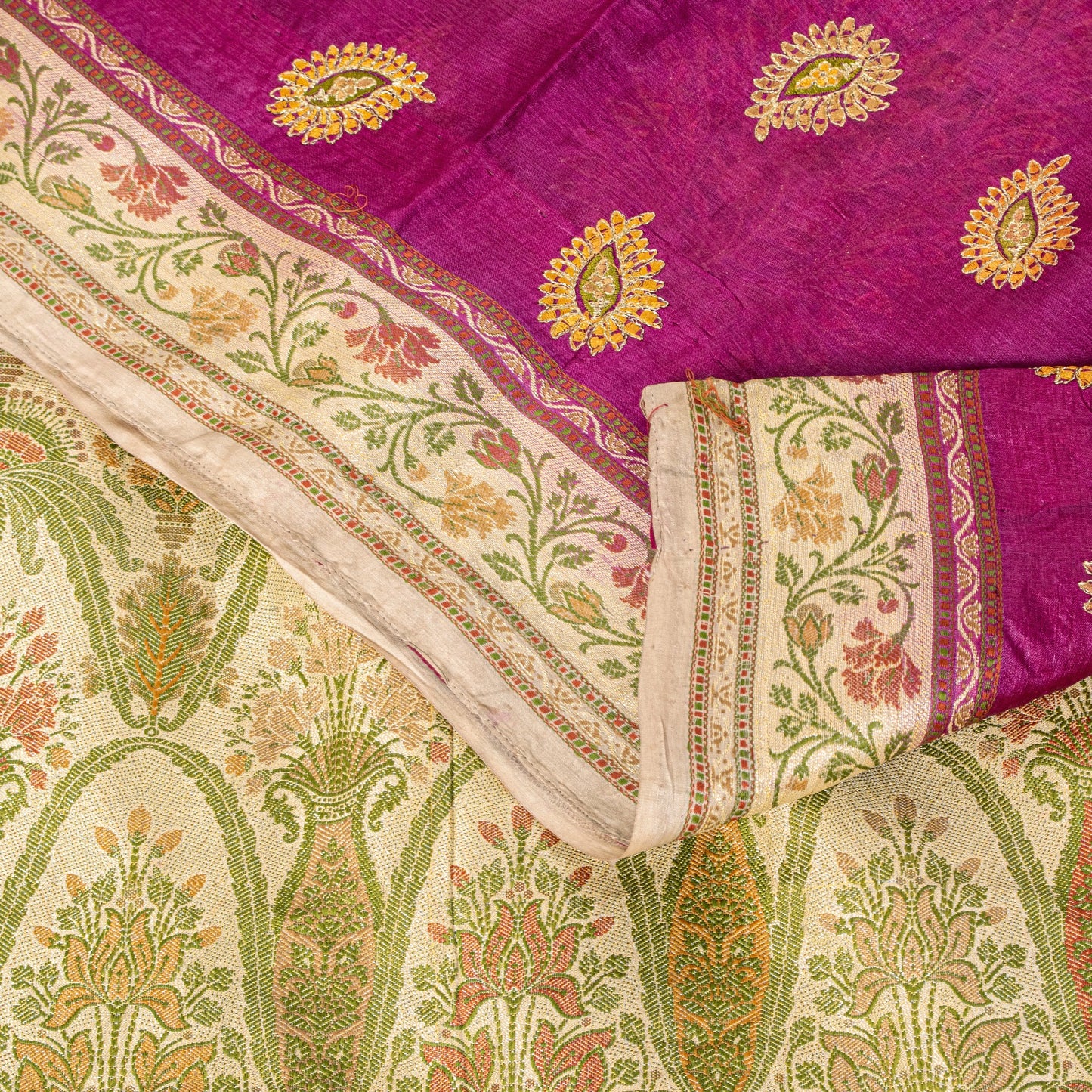 Sanskriti Vintage Pure Silk Purple Saree Brocade Hand Woven Sari 5.5Craft Fabric