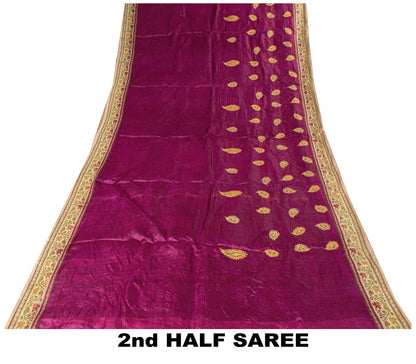 Sanskriti Vintage Pure Silk Purple Saree Brocade Hand Woven Sari 5.5Craft Fabric