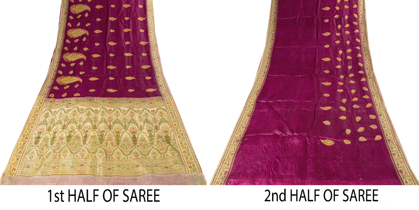 Sanskriti Vintage Pure Silk Purple Saree Brocade Hand Woven Sari 5.5Craft Fabric