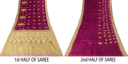 Sanskriti Vintage Pure Silk Purple Saree Brocade Hand Woven Sari 5.5Craft Fabric