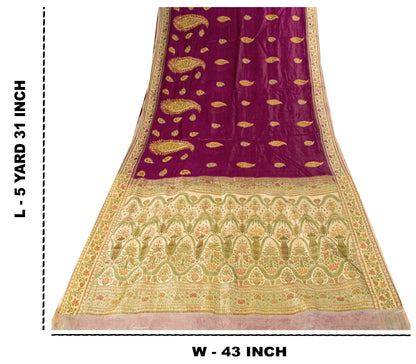 Sanskriti Vintage Pure Silk Purple Saree Brocade Hand Woven Sari 5.5Craft Fabric