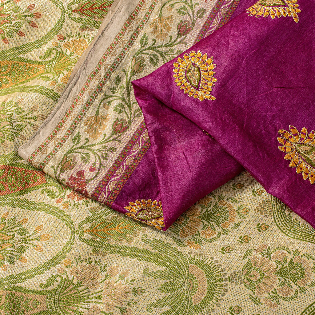 Sanskriti Vintage Pure Silk Purple Saree Brocade Hand Woven Sari 5.5Craft Fabric