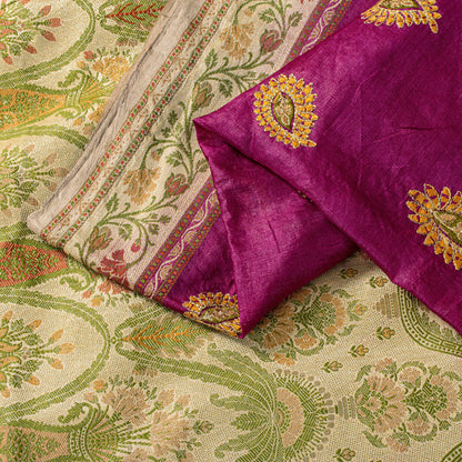 Sanskriti Vintage Pure Silk Purple Saree Brocade Hand Woven Sari 5.5Craft Fabric