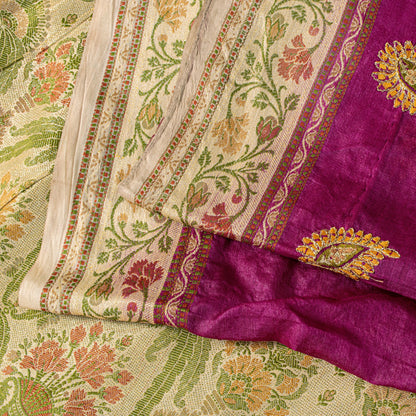 Sanskriti Vintage Pure Silk Purple Saree Brocade Hand Woven Sari 5.5Craft Fabric