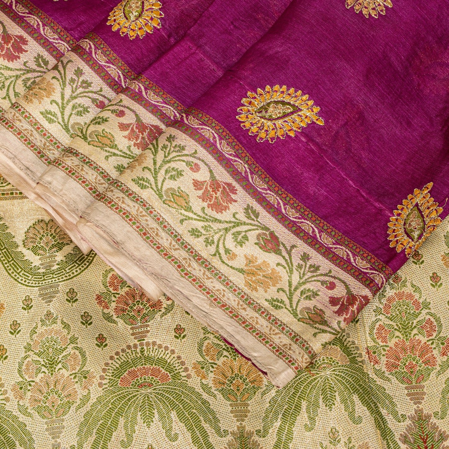 Sanskriti Vintage Pure Silk Purple Saree Brocade Hand Woven Sari 5.5Craft Fabric
