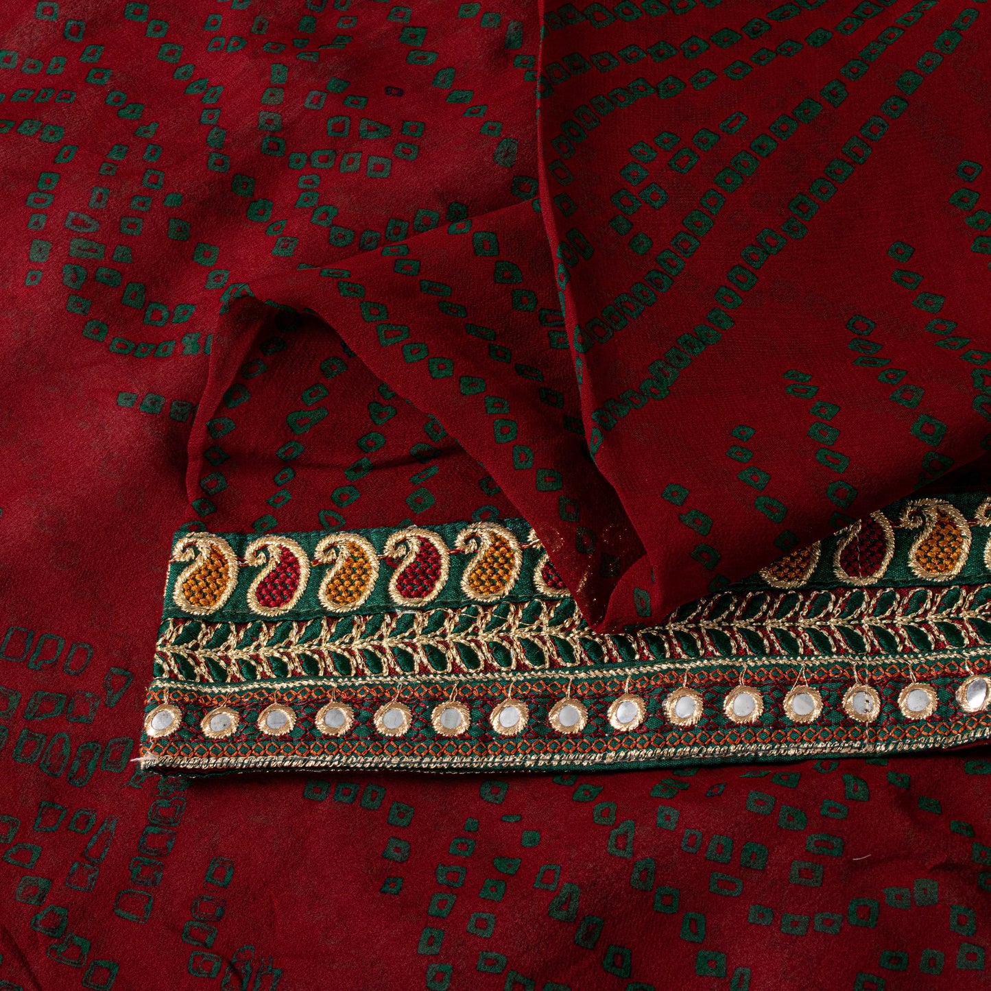 Sanskriti Vintage Pure Georgette Dark Red Saree Bandhani Embroidered Gujrat 6YD