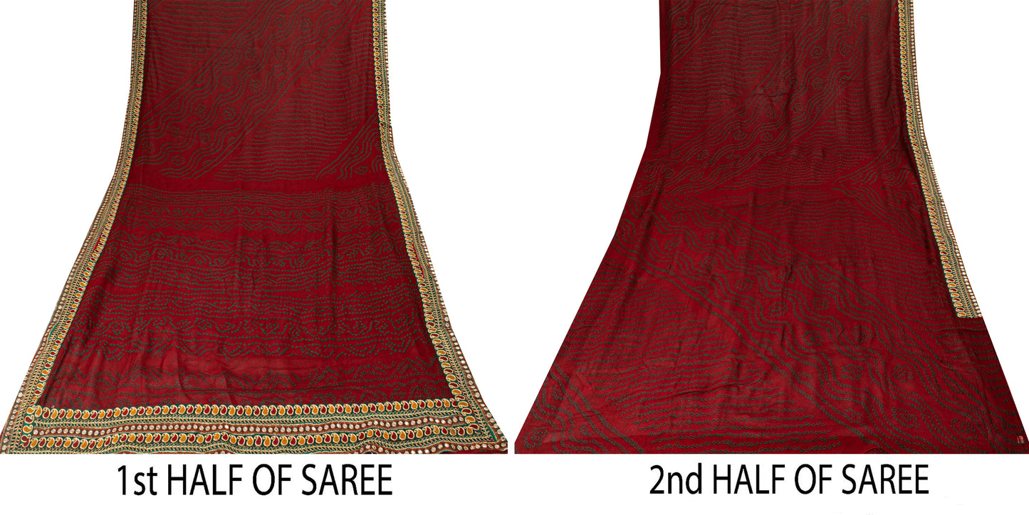 Sanskriti Vintage Pure Georgette Dark Red Saree Bandhani Embroidered Gujrat 6YD