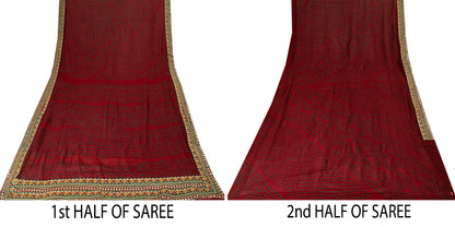 Sanskriti Vintage Pure Georgette Dark Red Saree Bandhani Embroidered Gujrat 6YD