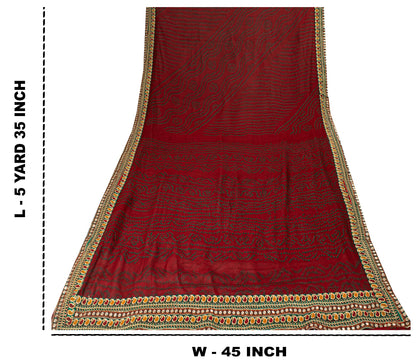 Sanskriti Vintage Pure Georgette Dark Red Saree Bandhani Embroidered Gujrat 6YD