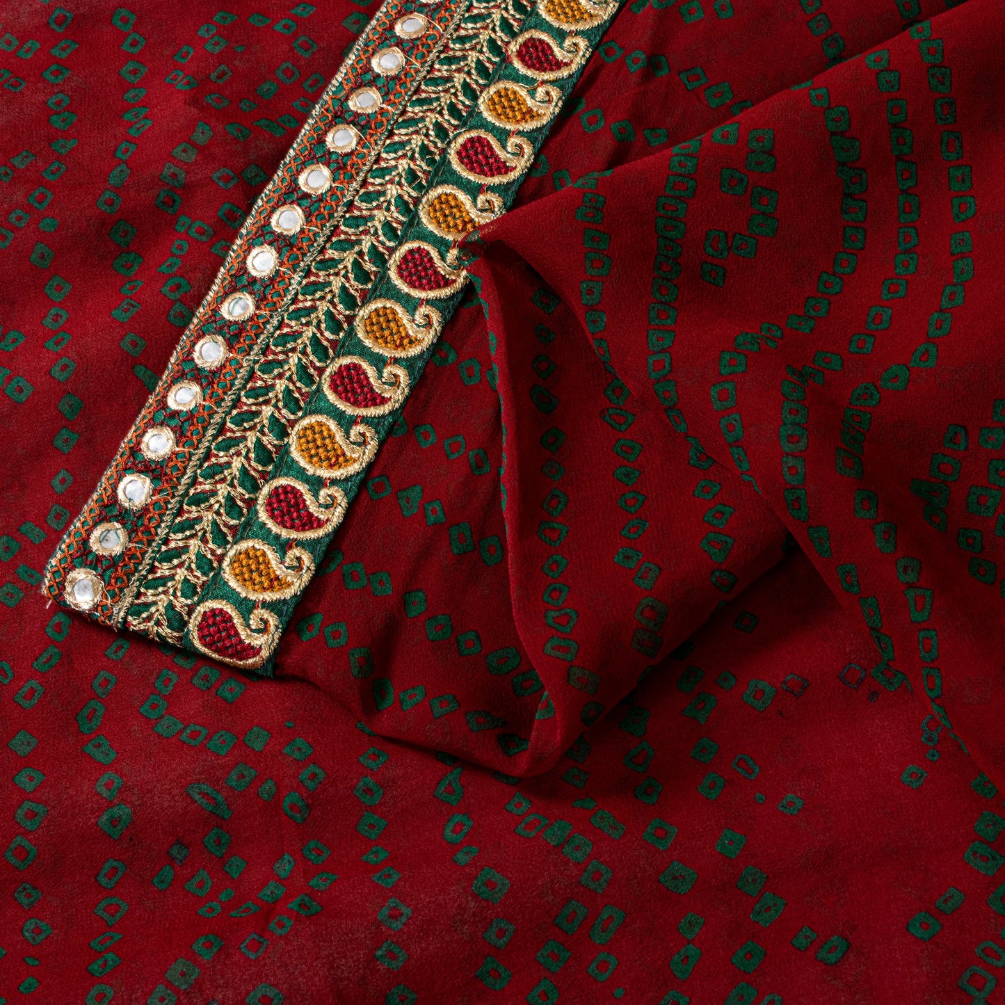 Sanskriti Vintage Pure Georgette Dark Red Saree Bandhani Embroidered Gujrat 6YD