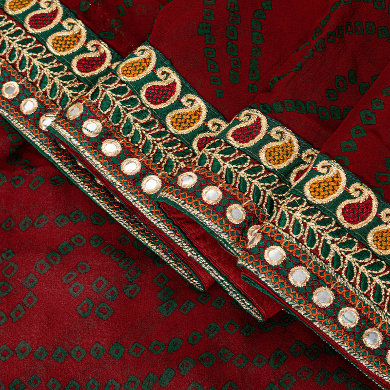 Sanskriti Vintage Pure Georgette Dark Red Saree Bandhani Embroidered Gujrat 6YD