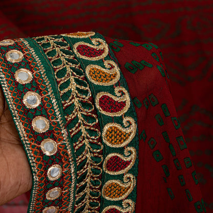 Sanskriti Vintage Pure Georgette Dark Red Saree Bandhani Embroidered Gujrat 6YD