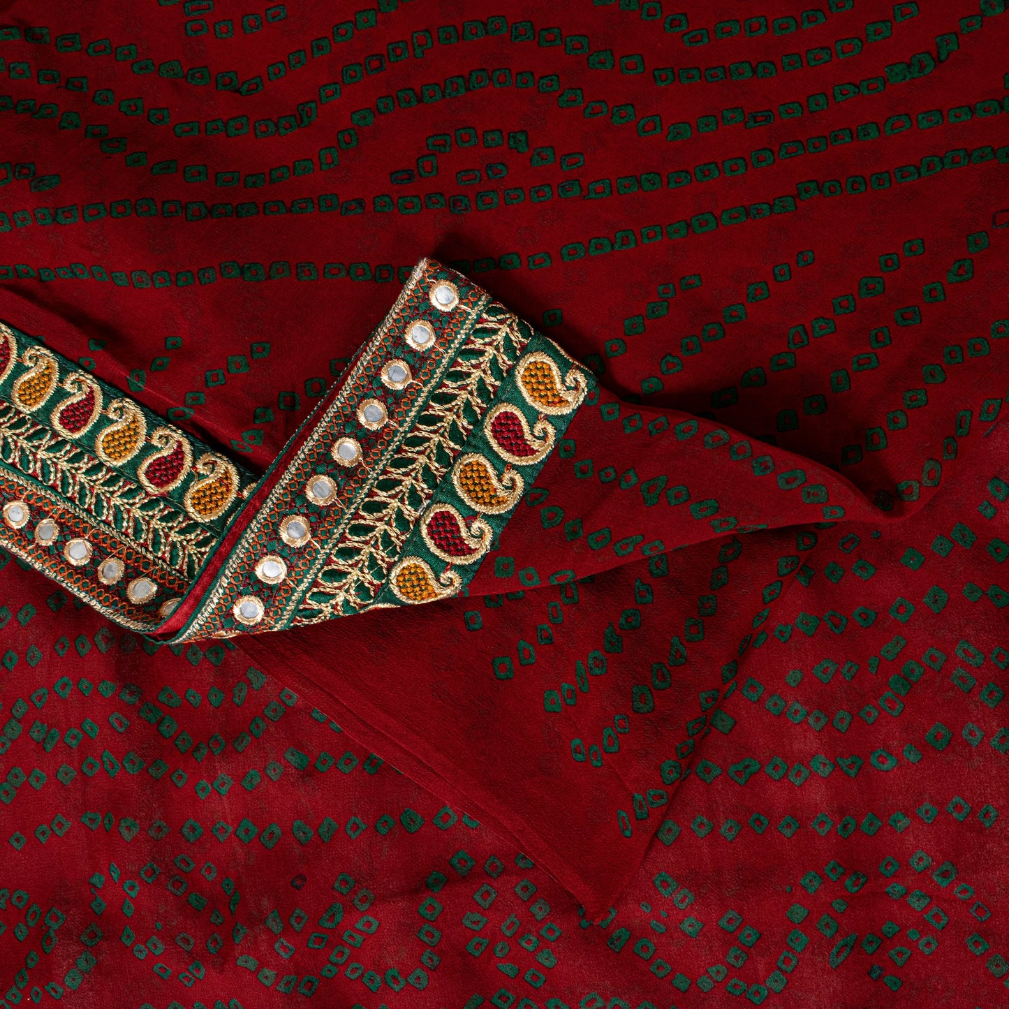 Sanskriti Vintage Pure Georgette Dark Red Saree Bandhani Embroidered Gujrat 6YD